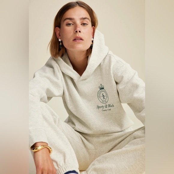 NWOT SPORTY & RICH Gray/Green Crown Cotton Blend Hoodie Large - Picture 3 of 16